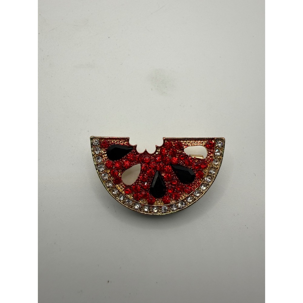 Gold Tone Watermelon Rhinestone Brooch Bitten Fruit Slice Pin Red Clear Black